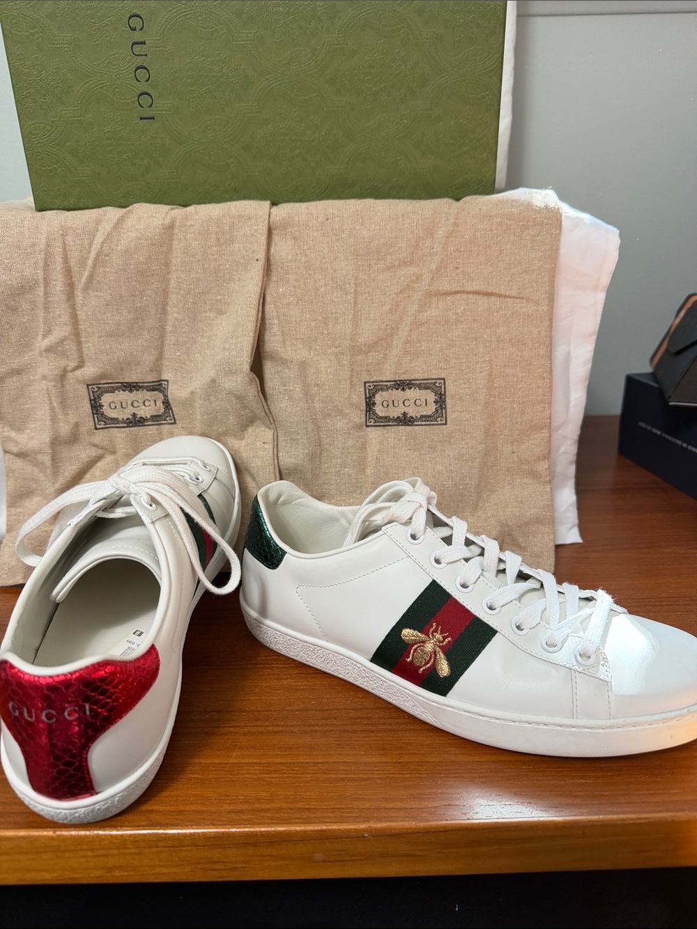 Gucci White Leather Sneakers with Green & Red Web and Gold Bee